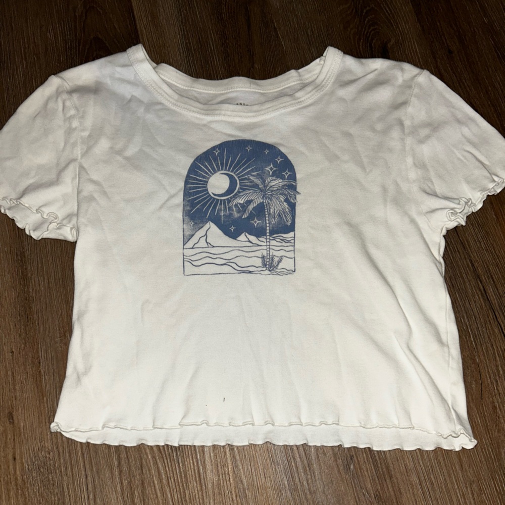 Los Angeles Apparel White and Blue Crop Top with Celestial Design